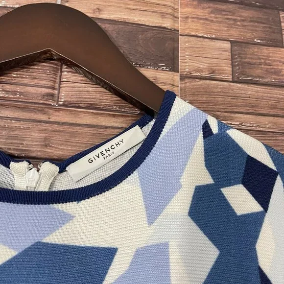 GIVENCHY Geometric Pencil Dress Blue Navy White Knit Stretch Size M Sleeveless - Picture 5 of 11